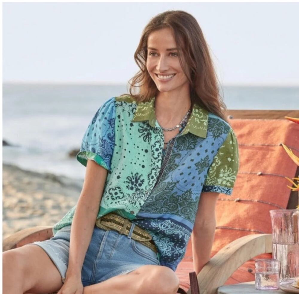 Sundance Mixed Tales Linen Shirt Womens Medium Bandana Patchwork Button Up Top